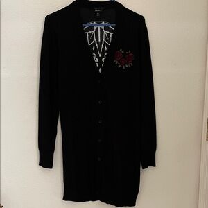 Torrid Black Cardigan with Rose Embroidery on Front White Skull on back